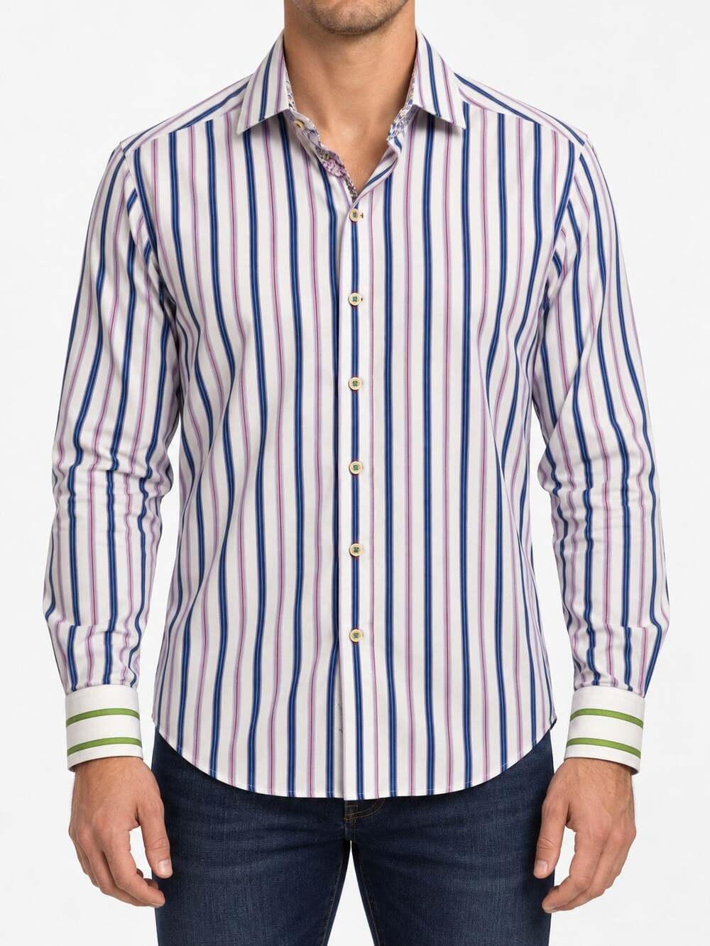 Robert Graham X Men's L 100% Cotton White Multicolor Striped Long Sleeve Shirt